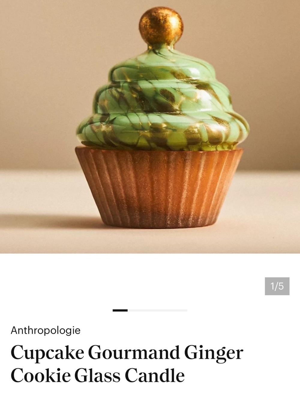 Anthropologie Green and Gold Swirled Cupcake Glass Candle